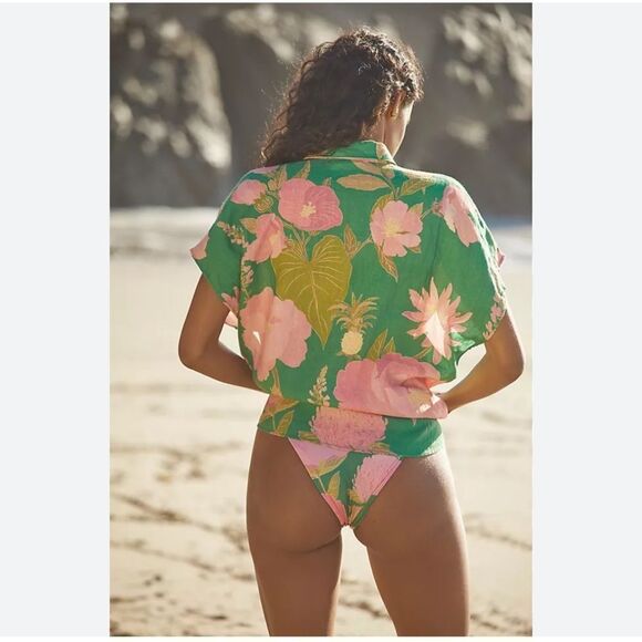 Farm Rio Farm Rio Short-Sleeve Cover-Up Buttondown Shirt size Medium - Picture 2 of 6